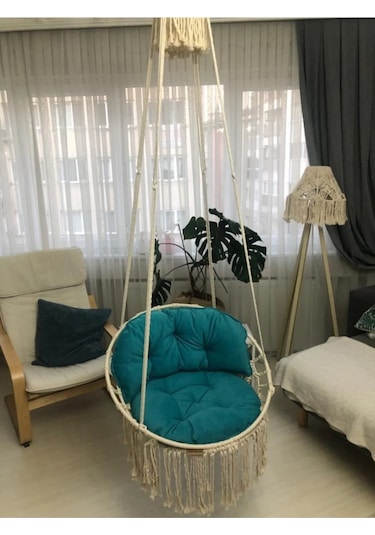Makrome Özel Örgü Salıncak Hamak Pamuk İp 60 X 80 Turkuaz Yastık Ekru