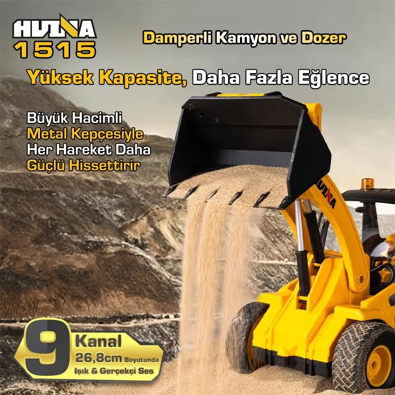 Huına 1515 1/24 9ch Rc Damperli Kamyon & Wheel Loader Dozer Kazıcı Set İş Makinesi İnşaat Uzaktan Kumandalı Rc Model Metal Kepçeli - 2.4g Gerçekçi Similasyon Ses Ve Işık Sistemi