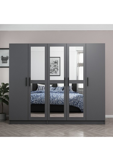 Minar Kale 5 Kapaklı 3 Aynalı 2 Çekmeceli Dolap Antrasit 210cm Antrasit