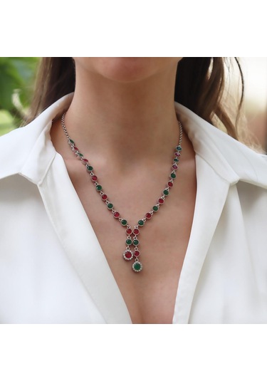 Turmalin Taşlı Su Yolu Otantik Gümüş Kolye Gümüş