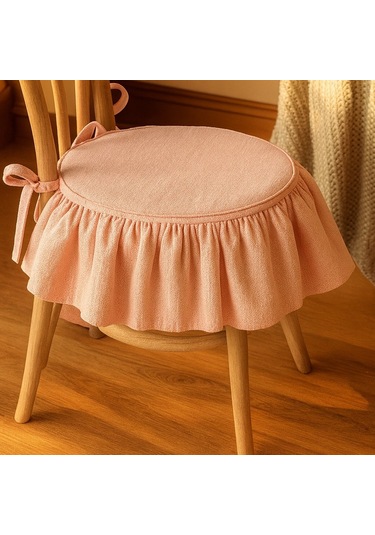 El Yapımı Yuvarlak Buldan Yıkanmıs Keten Fırfırlı Sandalye Minderi Pembe Pembe