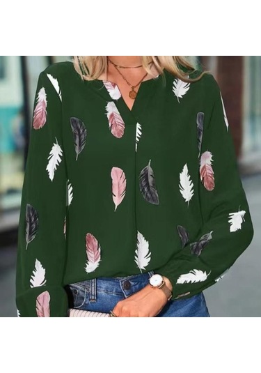 Moda Kadın Bluz Gömlek Kadınlar İçin Şık Üst Uzun Kollu Tüy Desenli Kadın Üstleri Zarif Şifon Kadın Giyim Yeşil
