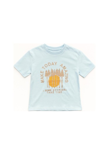 Erkek Çocuk %100 Pamuklu Baskılı Kısa Kollu Tişört - Açık Mavi 3-4 Yaş 8-9 Yaş Açık Mavi
