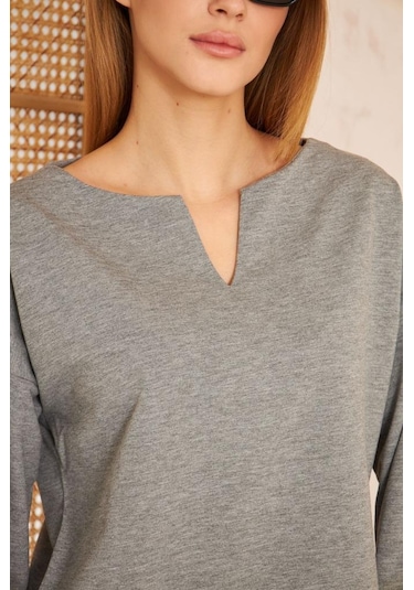 Kadın Ekstra Uzun Duble Kol / Yakası Yırtmaçlı Salaş Sweatshirt Bluz 3470190 Gri