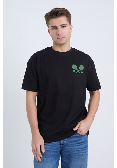 Velvoria Unisex Oversize Relaxed Tennis Baskılı Siyah Renk T-shirt