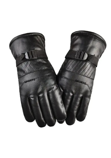 Erkek Su Geçirmez İçi Peluş Polarlı Üstü Deri Kaplama Eldiven Kışlık Termal Kayak Kar Eldiveni Siyah