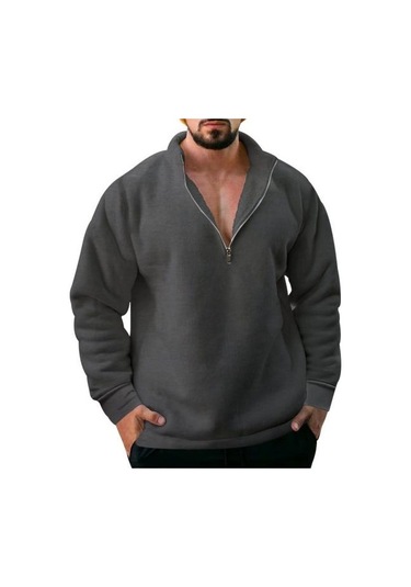 Erkek Yarım Fermuar Polar Kazak Üst Düz Renk Rüzgar Geçirmez Sonbahar Kış Uzun Kollu Yaka Kazak Koyu Gri