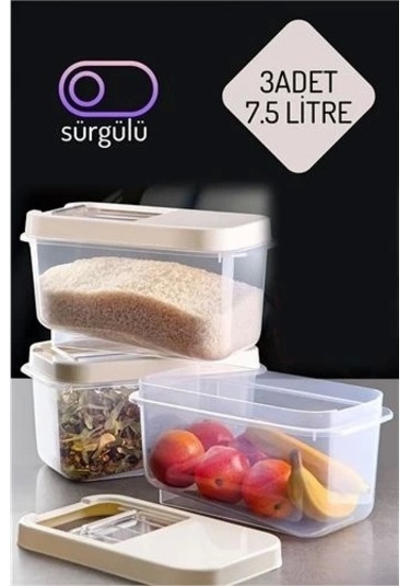 Erzak Bakliyat Saklama Kabı 3 Lü Set 7.5 Lt Krem Çok Renkli