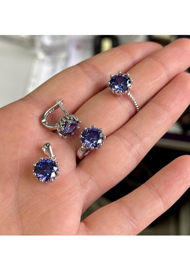 Silver Point Lacivert Taşlı Üçlü Set Gümüş