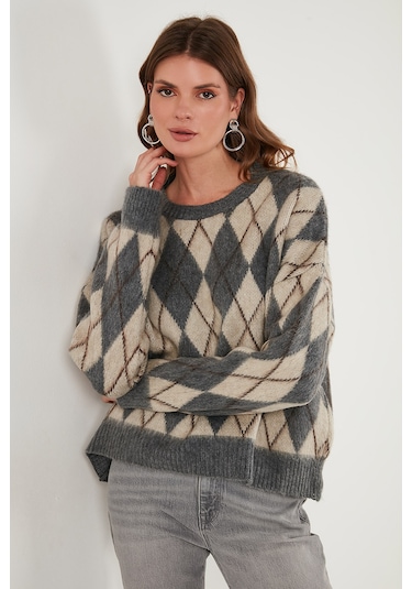 Lela Oversize Fit Bisiklet Yaka Baklava Desenli Yumuşak Dokulu Bayan Kazak 4616223 Gri