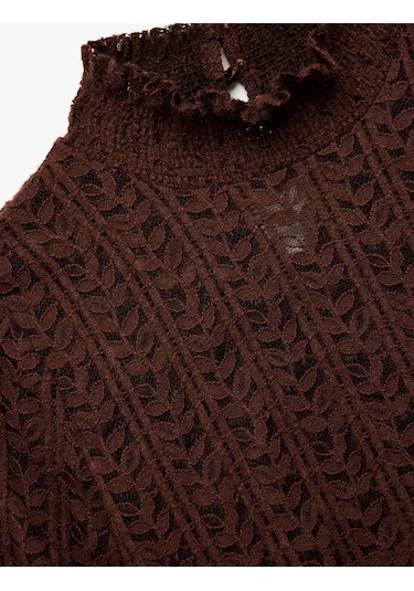 Koton Uzun Balon Kollu Fırfırlı Dik Yaka Dantelli Bluz Kahverengi 6wak80190ek Kahve