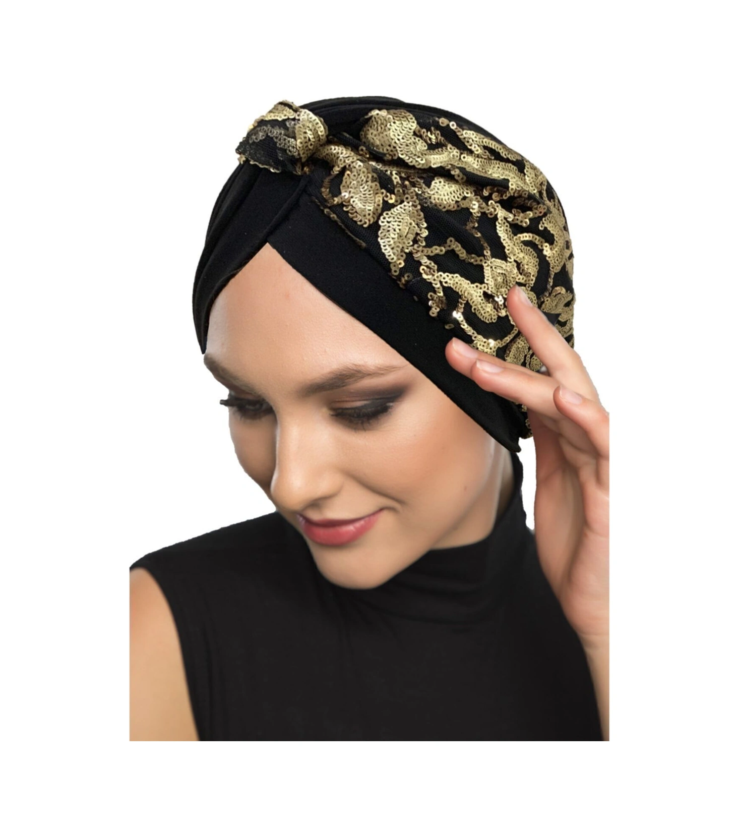 Özel Tasarım Siyah Üzeri Altın Payetli Etnik Desenli Astarlı Hazır Türban Tesettür Abiye Bone Siyah5