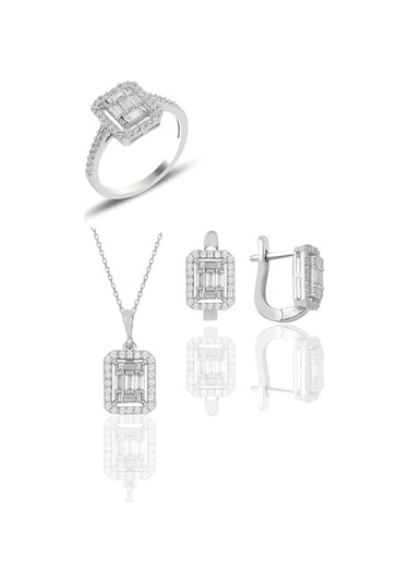 Gümüş Rodyumlu Gümüş Baget Taşlı Üçlü Set (535071173)