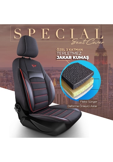 Panda Special Serisi Jakar Kumaş Oto Koltuk Kılıfı - Siyah - Kırmızı