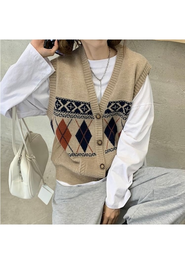 Moda V Yaka Örme Yelek Kadın Sonbahar Yeni Gevşek Montaj Vintage Hırka Kolsuz Üst Haki