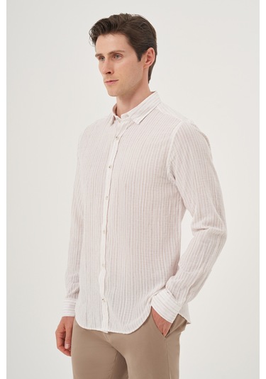 Morven Erkek Bej Keten Trend Dynamic Fit Britli Yaka Gömlek 25ys004022653 Bej Bej