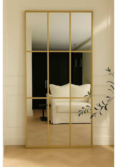 Gold Metal Çerçeveli Modern Pencere Boy Aynası - 80x180 Cm Gold