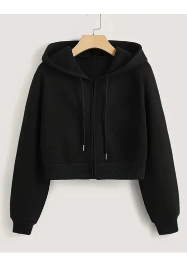 Siyah Kapüşonlu Crop Hırka Sweatshırt Siyah
