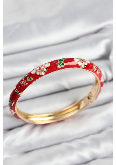 Mineli Pirinç Kırmızı Çiçek Motifli Gold Kadın Kelepçe - Tj-bb7619 Diğer