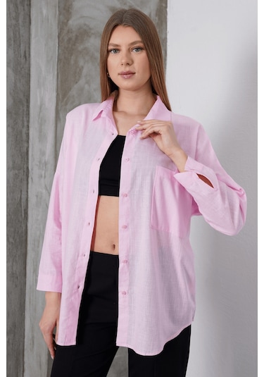 Paw Garage Kadın London Keten Tek Cepli Oversize Gömlek, Premium Kalite Keten Gömlek Pembe