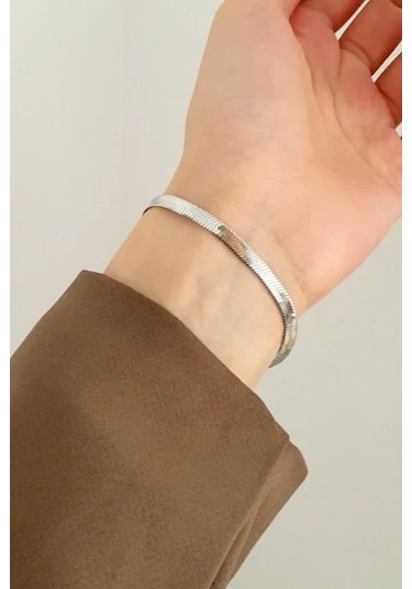 Kadın 316 L Kararmaz Ve Paslanmaz Çelik Anti Alerjenik İtalyan Zincir Bileklik - Gümüş