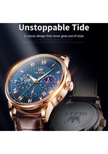 Olevs 2893 Erkekler Çok Fonksiyonlu İş Kuvars Saati Kahverengi + Mavi