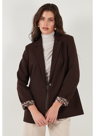 Lela Standart Fit Mono Yaka Desenli Astar Detaylı Blazer Bayan Ceket 6524003 Kahve