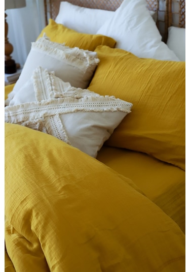 Çift Kişilik 2 Kat Müslin Nevresim Takımı, % 100 Pamuk Hardal