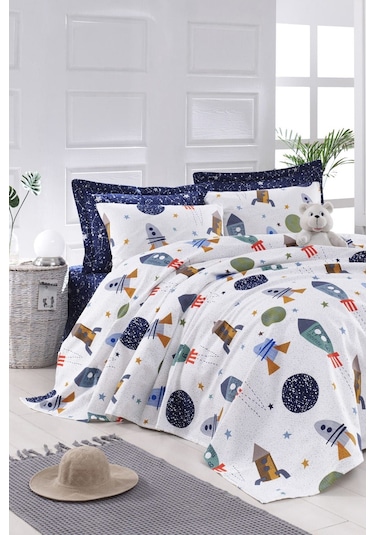 Enlora Home Doğal Pike Baskılı Tek Kişilik Spacex Lacivert