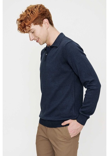 Basic Dinamik Fit Rahat Kesim Polo Yaka Triko Kazak İndigo