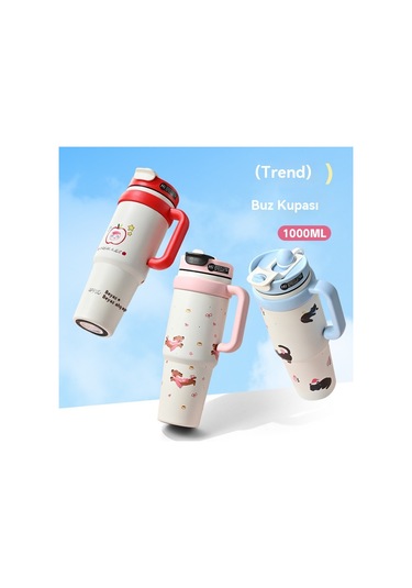 Jian Fan Termos Kupası Kız Çocuk Büyük Kapasiteli Buz Fincan Hasır Bardak - Pembe Pembe