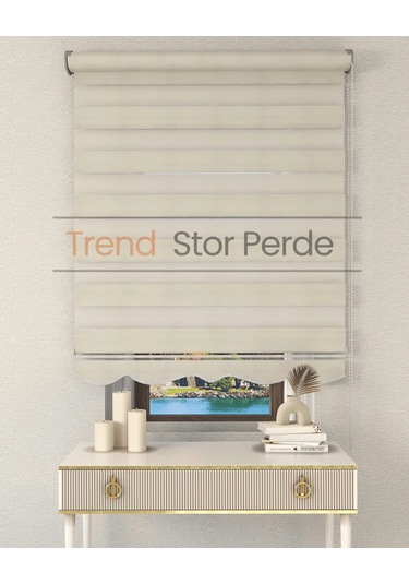 Geniş Plise Krem Etek Dilimli Zebra Stor Güneşlik Perde Kırık Krem