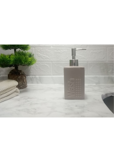 Seramik Sıvı Sabunluk Bej Modern 7x7x17cm 300ml Banyo Seti
