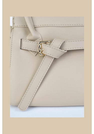 Kadın Deri Kemer Detaylı Vizon Çanta Vizon