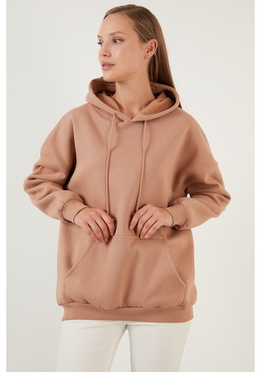 Lela Regular Fit Pamuklu Kapüşonlu Yaka Şardonlu Kışlık Bayan Sweat 5863854 Bisküvi