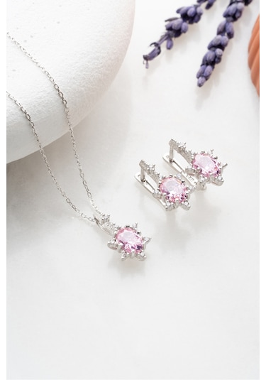 Nereze 925 Ayar Gümüş Pembe Oval Taşlı Küpe Ve Kolye Set