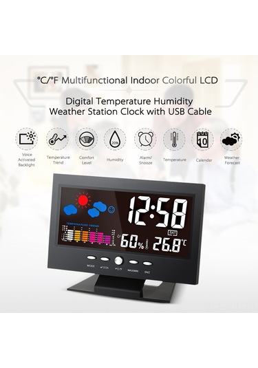 Gajeena Sıcaklık Nem Ölçer Hava Tahmini Saati, Renkli Ekran, Sesli Kontrol Işıklı, Usb Kablolu, Pil Yok Abs, Siyah