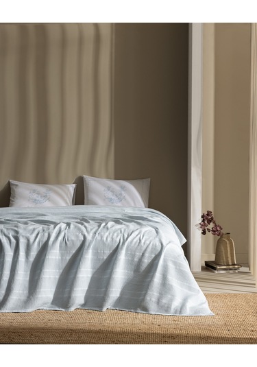 Mathilda Tek Kişilik %100 Pamuk Karde Düz Pike Takımı - Açık Mavi 8684427195352 Mavi