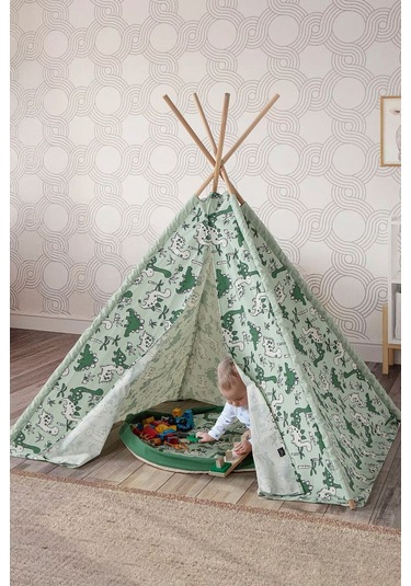 Çocuk Oyun Çadırı Ahşap Direkli Geniş Oyun Evi 150x150x200 Cm Yeşil