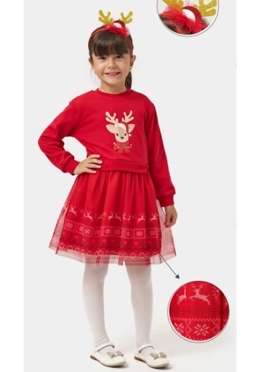 Kız Çocuk Oh Deer Tüllü Baskılı Yılbaşı Elbisesi Nbk-24909 Kırmızı