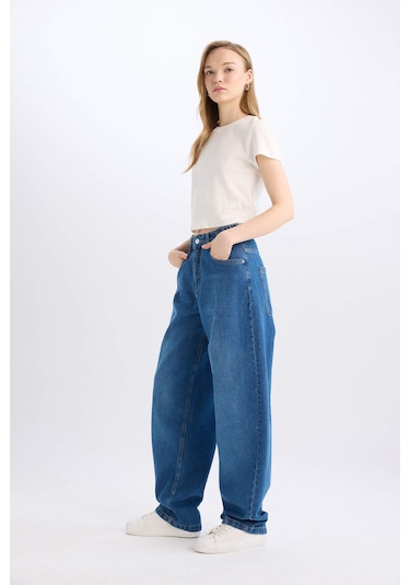 DeFacto Baggy Fit Yüksek Bel Uzun Jean Yıkamalı Pantolon E2156AX24WNNM34