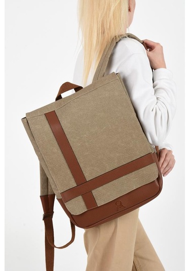 Kadın Sırt Çantası 35 22 Cm Kanvas Kumaş Laptop Bölmeli Business Sırt Çantası Okul Çantası Mega Bag Krem