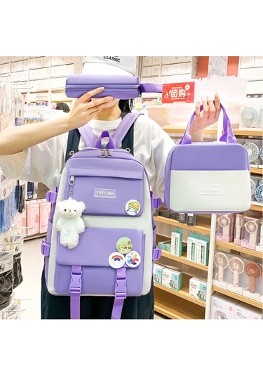 Yeiuyi Öğrenci Okul Çantası Öğle Yemeği Çantası Kalem Çantası Üç Parça Seti Mor