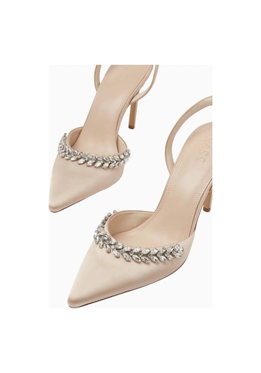 Nass Sandra 100 Kristal Işlemeli Saten Slingback Stiletto, Şık Ve Zarif Bej
