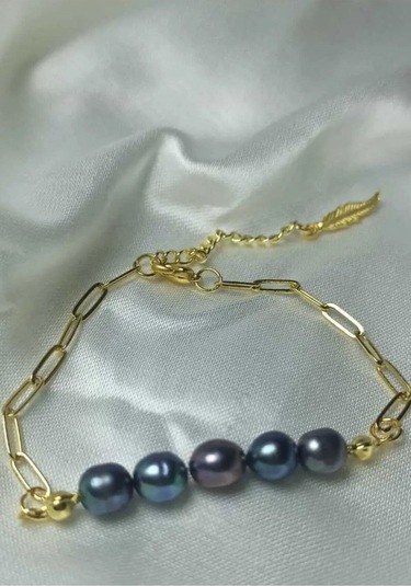 24k Altın Kaplama Gerçek Siyah İnci Kare Zincir Detaylı Tüy Uzatm Gold