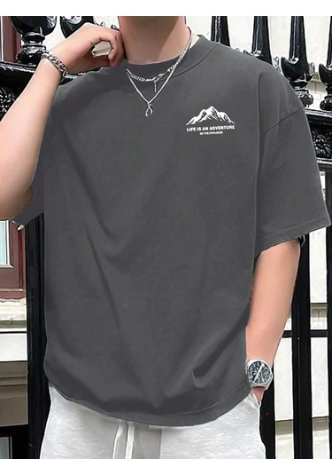 Guılanerkek Yazlık %100 Pamuk Rahat Gevşek Mektup Dağ Baskılı Kısa Kollu Tişörtpembe Pembe