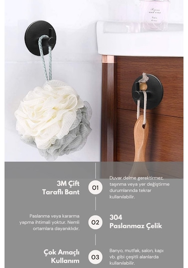 Zift Unique 4 Adet Paslanmaz Çelik Siyah Banyo/Bornoz/Havlu Askısı Siyah