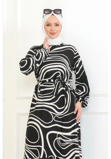 Çizgi Desenli Viskon Elbise - Siyah Siyah