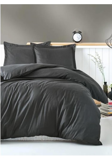 Elegant Stripe Saten Çift Kişilik Nevresim Takımı Antrasit Antrasit