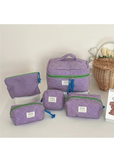 Fochsia Mavi Klasik Ekose Beş Parça Set Çanta Makyaj Çantası Kalemlik Coin Purse Ahşap